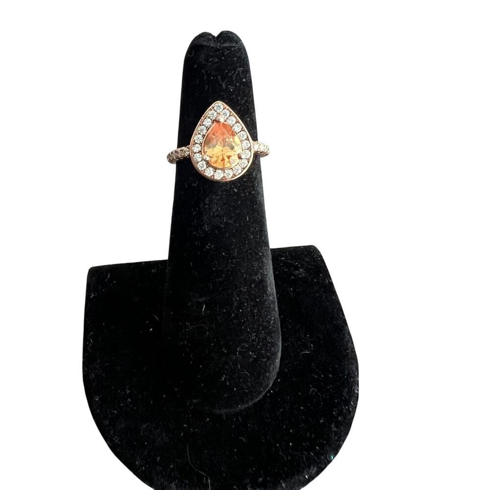 Peach teardrop jewel ring on rose gold band - size 4.75